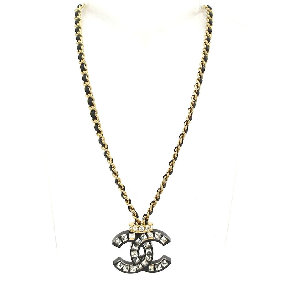 Chanel Coco Choker Gold Black Clear Hardware Leather Plastic Rhinestones - Picture 2 of 5